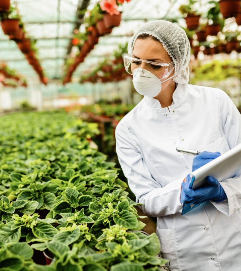 Female scientist writing report during quality control inspection in a plant nursery.